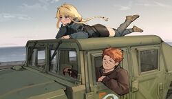  1boy animification axel_lamury bike_shorts black_hoodie black_shorts blonde_hair blue_eyes braid brown_footwear cloud driving english_commentary facial_hair female floating_hair glasses grey_jacket grey_thighhighs ground_vehicle hair_behind_ear hair_intakes highres hood hood_down hoodie humvee indie_virtual_youtuber jacket lying motor_vehicle ocean on_vehicle real_life shoes shorts sidelocks sky smile sneakers stubble thighhighs virtual_youtuber whiskey_project xerbatt 