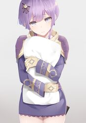  armor bernadetta_von_varley blue_eyes blunt_bangs blush bow brown_gloves closed_mouth commentary cowboy_shot dress english_commentary female fire_emblem fire_emblem:_three_houses frown gloves hairbow highres hugging_object long_sleeves looking_at_viewer mengo pauldrons pillow pillow_hug purple_bow purple_dress purple_hair short_dress shoulder_armor solo thighs 