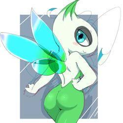  1:1 2022 antennae_(anatomy) anthro ass backless_clothing backless_dress big_butt blue_eyes blush breasts celebi clothed clothing dipstick_hair dress elemental_creature female flora_fauna generation_2_pokemon glistening glistening_butt guide_lines hand_on_hip hi_res legendary_pokemon looking_at_viewer looking_back nintendo plant pokemon pokemon_(species) portrait rear_view simple_background solo thick_thighs three-quarter_portrait tight_clothing tokemaru wide_hips wings 