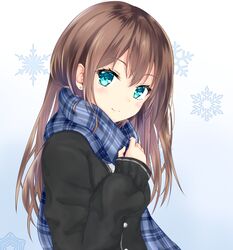  aqua_eyes bad_id bad_pixiv_id blush brown_hair ear_piercing female idolmaster idolmaster_cinderella_girls long_hair looking_at_viewer momoi piercing scarf shibuya_rin snowflake_background snowflakes solo upper_body winter_clothes 