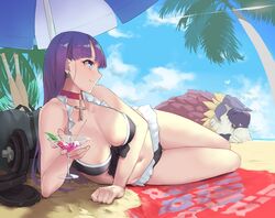  bare_shoulders beach beach_umbrella bikini black_bikini blue_eyes blue_sky blunt_bangs blush breasts choker cleavage closed_mouth cocktail_glass collarbone cross cross_choker cup day den_(kur0_yuki) drinking_glass dumbbell earrings fate/grand_order fate_(series) female frilled_bikini frills jewelry large_breasts long_hair martha_(fate) martha_(swimsuit_ruler)_(fate) martha_(swimsuit_ruler)_(first_ascension)_(fate) navel outdoors palm_tree purple_hair sarong sky sleeping smile swimsuit tarasque_(fate) thighs tree umbrella 