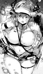  :o animal_ears arknights arm_strap arm_up ba_kanoko bag bare_shoulders blush breasts commentary cow_ears cow_girl cow_horns cowboy_shot female greyscale hand_on_headwear highres horns jacket large_breasts long_sleeves looking_at_viewer monochrome navel off_shoulder official_alternate_costume open_clothes open_jacket open_mouth shoulder_bag sideroca_(arknights) sideroca_(light_breeze)_(arknights) solo symbol-only_commentary thigh_strap v-shaped_eyebrows visor_cap 