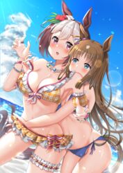  2girls :o animal_ears ass_visible_through_thighs bad_id bad_pixiv_id bare_arms bare_shoulders bikini biting blue_bikini blue_eyes blue_ribbon blue_sky bracelet breasts bridal_garter cleavage cloud collarbone commentary_request cowboy_shot cstv day dutch_angle ear_ornament female_pervert flower frilled_bikini frills grass_wonder_(umamusume) hair_flower hair_ornament hand_under_clothes hibiscus highres horse_ears horse_girl horse_tail jewelry lens_flare looking_at_another looking_at_viewer medium_breasts multiple_girls navel necklace ocean official_alternate_costume open_mouth outdoors pervert plaid plaid_bikini pulling_another&#039;s_clothes purple_eyes red_flower ribbon ring side-tie_bikini_bottom sky smile sparkle special_week_(hopping_vitamin_heart)_(umamusume) special_week_(umamusume) strap_pull swimsuit tail umamusume white_flower yellow_bikini yuri 