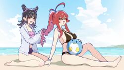  15daifuku_nn 2girls :3 :d antenna_hair ball bare_arms bare_legs bare_shoulders barefoot beach beachball bikini black_bikini black_hair blue_jacket blue_sky bracelet braid braided_base braiding_another's_hair braiding_hair breasts closed_eyes cloud commentary cone_hair_bun day double_bun ear_piercing from_side full_body glasses hair_bun hairdressing highres jacket jewelry kimi_no_koto_ga_dai_dai_dai_dai_daisuki_na_100-nin_no_kanojo large_breasts long_hair long_sleeves multicolored_hair multiple_girls o-ring o-ring_bikini_bottom o-ring_top open_clothes open_jacket open_mouth outdoors pentarou_(hyakkano) piercing pink_hair ponytail ponytail_with_braided_base puffy_long_sleeves puffy_sleeves rectangular_eyewear red_eyes red_hair ruffle_bikini semi-rimless_eyewear sidelocks sitting sky smile streaked_hair swimsuit two-tone_hair under-rim_eyewear usami_shiina v-shaped_eyebrows yakuzen_kusuri yakuzen_kusuri_(older) 