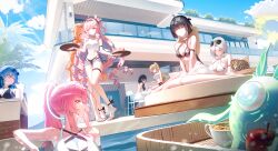  6+girls absurdres aemeath_(wuthering_waves) alternate_costume apple aqua_eyes bikini black_bikini black_hair blue_hair blue_sky breasts chisa_(wuthering_waves) cleavage closed_mouth colored_inner_hair commentary day denia_(wuthering_waves) denim denim_shorts earrings english_commentary eyewear_on_head female_rover_(wuthering_waves) fingersmile food fruit hair_ornament highres hiyuki_(wuthering_waves) holding holding_tray jewelry large_breasts long_hair looking_at_another lucilla_(wuthering_waves) lynae_(wuthering_waves) multicolored_hair multiple_girls navel open_fly orange_hair pink_hair ponytail purple_eyes purple_hair red_eyes rover_(wuthering_waves) shirt shorts sigrika_(wuthering_waves) sitting sky smile soliskin_(wuthering_waves) stomach sunglasses swimsuit tray white_bikini white_shirt wuthering_waves yarn_(yarn_03) yellow_eyes 