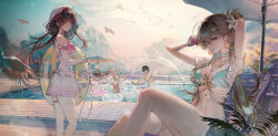  00608d 1boy 3girls absurdres adjusting_hair aqua_bikini armband bandaid bikini bikini_bottom_under_shorts bikini_under_clothes bird black_hair blonde_hair breasts carlotta_(wuthering_waves) chisa_(peach_parfait)_(wuthering_waves) chisa_(wuthering_waves) cloud cloudy_sky commentary_request flower hair_flower hair_ornament hair_ribbon hat highres inflatable_flamingo innertube jewelry lens_flare lynae_(peppermint)_(wuthering_waves) lynae_(wuthering_waves) male_rover_(wuthering_waves) multiple_girls necklace partially_submerged petals plaid_bikini plaid_clothes pool ribbon rover_(wuthering_waves) sailor_hat seagull see-through_clothes shell shell_necklace shorts sky splashing star_pendant starfish_necklace sunset swim_ring swimsuit white_hair wuthering_waves 