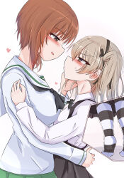  2girls absurdres age_difference black_hairband black_neckerchief black_skirt breasts brown_hair commentary_request eye_contact girls_und_panzer green_skirt grey_hair hairband hand_on_another's_face heart height_difference highres large_breasts looking_at_another medium_hair multiple_girls neckerchief nishizumi_miho onee-loli ooarai_school_uniform profile sailor_collar school_uniform shimada_arisu shirt simple_background skirt socks striped_clothes striped_socks suspender_skirt suspenders tiptoes vought_f4u white_background white_sailor_collar white_shirt yuri 