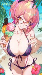  absurdres beach bikini black_bikini breasts cleavage collarbone commentary_request female flower food glasses halterneck helico_shugoihara highres holding holding_food holding_ice_cream ice_cream indie_virtual_youtuber large_breasts momoyama_tits orange_eyes pink_flower pink_hair semi-rimless_eyewear shadow side-tie_bikini_bottom smile solo starfish string_bikini swimsuit triangle_bikini_top virtual_youtuber 
