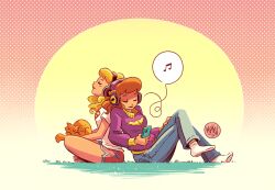  2girls alt_text artist_name barbara_gordon barefoot batman_symbol beamed_eighth_notes blonde_hair blush cellphone closed_eyes closed_mouth commentary crossed_legs dated dc_comics dolphin_shorts english_commentary feline grass headphones highres holding holding_phone indian_style jacket long_hair mikemaihack multiple_girls musical_note no_shoes orange_hair phone purple_jacket red_shorts shirt shorts simple_background sitting smartphone socks spoken_musical_note streaky_the_supercat supergirl superman_logo white_shirt 