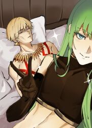  1boy 1other blonde_hair blush closed_eyes commentary crop_top dehydrated earrings elbow_gloves enkidu_(fate) enkidu_(talk_of_the_hot_sands)_(fate) fate/grand_order fate_(series) gilgamesh_(fate) gloves green_eyes green_hair guy_tired_after_sex_(meme) highres implied_after_sex jewelry long_hair looking_at_viewer meme navel necklace on_bed other_with_male pillow shirt short_hair sleeveless sleeveless_shirt smile sunken_cheeks tattoo topless_male turn_pale v vivimii1 
