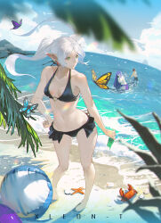  1boy 2girls artist_name ball barefoot beach beachball bikini bikini_skirt black_bikini breasts bug butterfly closed_mouth collarbone commentary crab day earrings elf fern_(sousou_no_frieren) fisheye frieren full_body hand_on_own_hip heart heart_o-ring highres holding holding_trowel horizon jewelry long_hair looking_to_the_side medium_breasts multiple_girls navel o-ring o-ring_bikini ocean outdoors palm_tree parted_bangs pointy_ears sand seashell shell shirt shore sky solo_focus sousou_no_frieren splashing standing starfish stark_(sousou_no_frieren) swimsuit teardrop_earrings tree trowel twintails water white_shirt xleontan 