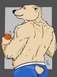  5_fingers absurd_res anthro ass back_groove bare_back bear beverage beverage_can black_eyes black_nose blue_boxer_briefs blue_clothing blue_underwear border bottomwear boxer_briefs clothed clothing fingers fur furgonomic_bottomwear furgonomic_underwear furgonomics grey_background grey_border half-length_portrait hi_res holding_beverage holding_object light_body light_fur light_tail looking_at_viewer looking_back male mammal neoantlers polar_bear portrait rear_view red_beverage_can shoulder_blades simple_background smile snout solo tail tan_body tan_fur tan_tail underwear ursine 