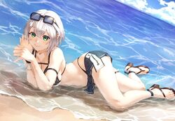  arm_strap beach bikini bikini_skirt black_bikini blue_eyes blue_skirt blush breasts cleavage collarbone eyewear_on_head female hair_behind_ear high_heels hololive kanoe_(tatsukanoe) large_breasts lying ocean on_side outdoors sand sandals shirogane_noel shirogane_noel_(summer_2020) shore short_hair skirt smile solo sunglasses swimsuit thigh_strap virtual_youtuber wavy_hair white_hair 