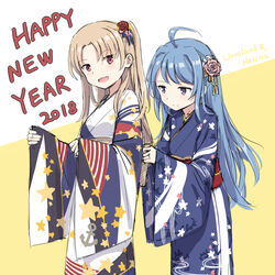  2girls :d ahoge alternate_costume azur_lane bad_id bad_pixiv_id cleveland_(azur_lane) cnm floral_print happy_new_year helena_(azur_lane) japanese_clothes kimono long_hair multiple_girls new_year open_mouth print_kimono simple_background smile 