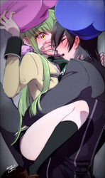  1boy absurdres ashford_academy_school_uniform black_hair black_jacket black_legwear black_skirt blush c.c. code_geass covering_own_mouth dress_shirt embarrassed female green_hair grey_pants highres jacket kneehighs lelouch_vi_britannia long_hair long_sleeves md5_mismatch miniskirt noppo pants school_uniform shirt short_hair skirt socks straight very_long_hair white_shirt yellow_jacket 