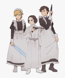  2boys alternate_costume apron black_dress black_footwear blonde_hair blue_lightsaber boots brown_hair closed_mouth commentary_request crossdressing double_bun doughnut_hair_bun dress energy_sword enmaided female full_body grey_background gun hair_bun han_solo highres holding holding_gun holding_lightsaber holding_weapon lightsaber long_sleeves luke_skywalker maid maid_headdress multiple_boys n3ss_0 princess_leia_organa_solo simple_background standing star_wars sword weapon white_apron white_dress white_footwear 