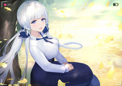  azur_lane blue_eyes blue_skirt breasts female flower ginkgo_tree hair_flower hair_ornament hair_ribbon illustrious_(azur_lane) large_breasts long_hair looking_at_viewer mamima mole mole_under_eye neck_ribbon open_mouth petals recording ribbon shirt sitting skirt smile solo white_hair white_shirt 