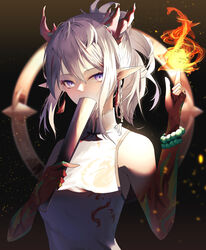  absurdres arknights braid china_dress chinese_clothes colored_skin covering_own_mouth dark_background dragon_girl dragon_horns dragon_print dress earrings embers female fire folding_fan hand_fan hand_up highres holding holding_fan horns jewelry kanaya604 long_hair nian_(arknights) nian_(unfettered_freedom)_(arknights) pointy_ears ponytail purple_eyes side_braid sleeveless sleeveless_dress solo tassel tassel_earrings upper_body white_dress white_hair 