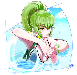  2021 absurdres ass ball beachball bikini breasts butt_crack c.c. character_name cleavage code_geass collarbone dated female green_hair hair_between_eyes halterneck high_ponytail highres large_breasts long_hair looking_at_viewer md5_mismatch noppo parted_lips partially_submerged sideboob signature solo summer swimsuit very_long_hair white_bikini yellow_eyes 