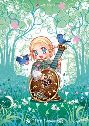  1boy :d bird blush braid cape character_name chibi forest green_cape holding holding_instrument instrument kazuki-mendou layered_sleeves legolas lolicon long_sleeves looking_at_viewer lute_(instrument) male_focus nature open_mouth short_over_long_sleeves short_sleeves side_braids signature smile solo standing tolkien&#039;s_legendarium 