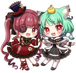  2girls blush breasts chibi commentary_request detached_sleeves double_bun dress eyepatch gothic_lolita green_hair hair_bun hair_ornament hat highres hololive houshou_marine houshou_marine_(gothic_lolita) lolita_fashion long_hair looking_at_viewer mihanada_kanata multiple_girls official_alternate_costume open_mouth piyoko_(uruha_rushia) red_eyes red_hair ribbon short_hair skull_hair_ornament smile twintails uruha_rushia uruha_rushia_(3rd_costume) virtual_youtuber 