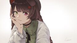  :3 animal_ears black_choker braid brown_hair choker dog_ears dog_girl eyebrows_hidden_by_hair female flower green_eyes grey_sweater hair_flower hair_ornament hand_on_own_face heterochromia highres inui_toko kanoe_(tatsukanoe) leaning_forward long_hair nijisanji official_alternate_costume official_alternate_hairstyle purple_eyes red_eyes signature smile solo sweater twin_braids upper_body virtual_youtuber white_background 