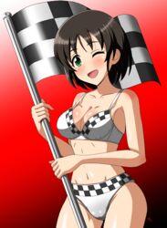  absurdres artist_name black_hair blush bra breasts checkered_flag commentary cowboy_shot crotch_seam english_commentary female flag gradient_background green_eyes groin harada_miyo highres holding holding_flag idolmaster idolmaster_cinderella_girls looking_at_viewer medium_breasts navel one_eye_closed open_mouth panties print_bra print_panties red_background short_hair signature smile solo underwear underwear_only vzmk2 white_bra white_panties 