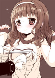  1boy blush breasts brown_background brown_eyes brown_hair bust_measuring closed_mouth commentary_request female frilled_sleeves frills gloves hairband hands_up higanbana_no_saku_yoru_ni koucha_shinshi kusunoki_midori long_sleeves looking_away measuring medium_breasts monochrome out_of_frame pinching_sleeves sakurazawa_izumi sleeves_past_wrists solo_focus sweat tape_measure upper_body wavy_mouth white_hairband 