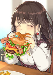  ^_^ bacon blush brown_hair burger burger_malfunction closed_eyes cocktail_pick commentary dress earrings eating female food french_fries gin_(oyoyo) holding holding_food jewelry lettuce long_hair long_sleeves original overalls photoshop_(medium) pinafore_dress plaid plaid_dress plate shirt sidelocks sitting sleeveless sleeveless_dress solo table tomato too_much_burger twitter_username two-handed white_shirt 