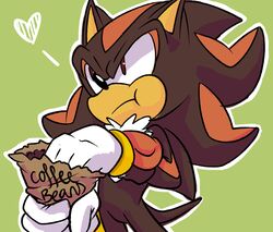  anthro bean beverage black_body black_fur clothing coffee coffee_bean eating eulipotyphlan food fur gloves green_background handwear heart_symbol hedgehog hi_res holding_food holding_object humor male mammal outline red_body red_fur sega shadow_the_hedgehog simple_background solo sonic_the_hedgehog_(series) svanetianrose white_outline 