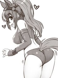  animal_ears ass ass_shake back bad_id bad_pixiv_id bare_shoulders breasts bridle buruma chestnut_thoroughbred_(kemono_friends) detached_sleeves extra_ears female from_behind greyscale heart high_ponytail horse_ears horse_girl horse_tail impossible_clothes japan_racing_association kemono_friends long_hair looking_at_viewer looking_back midriff monochrome open_mouth sidelocks sideways_glance smile solo sports_bra sportswear tail tail_through_clothes totokichi 