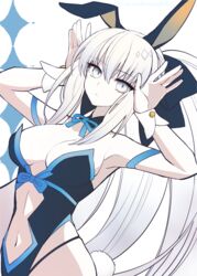  animal_ears bare_shoulders black_bow black_leotard blue_eyes blue_leotard bow breasts center_opening cleavage detached_collar fake_animal_ears fate/grand_order fate_(series) female grey_hair hairbow highleg highleg_leotard highres large_breasts leotard long_hair looking_at_viewer morgan_le_fay_(fate) navel playboy_bunny ponytail rabbit_ears rabbit_tail sidelocks solo suzukimadaka tail two-tone_leotard very_long_hair wrist_cuffs 