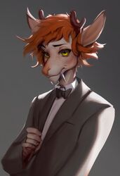  2020 angel_(soureggnog) anthro antlers big_fangs black_bow_tie bow_tie brown_antlers clothed clothing deer fangs freckles fur glistening glistening_eyes grey_background grey_clothing grey_jacket grey_topwear hair half-length_portrait hi_res horn jacket looking_at_viewer male mammal messy_hair mouth_closed nonbinary_(lore) orange_hair portrait shermugi simple_background solo standing tan_body tan_fur teeth topwear unsigned water_deer white_clothing yellow_eyes 