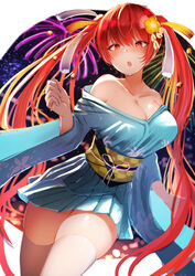  absurdres azur_lane blue_kimono blush breasts cleavage collarbone commentary female floral_print flower hair_flower hair_ornament hair_ribbon highres honolulu_(among_the_stalls)_(azur_lane) honolulu_(azur_lane) japanese_clothes kimono large_breasts long_hair long_sleeves looking_at_viewer official_alternate_costume open_mouth pnatsu red_eyes red_hair ribbon solo standing thighhighs twintails very_long_hair white_thighhighs wide_sleeves 