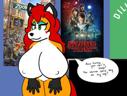  anthro aurora_spencer bedroom big_breasts breasts buttercollie canid canine disney english_text female fox green_eyes hair huge_breasts hyper hyper_breasts mammal motherly poster red_hair sleeping stranger_things superbabsy123 text wide_hips zootopia 