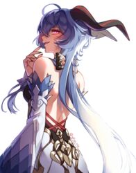  ahoge back backless_outfit bad_id bad_pixiv_id blue_hair detached_sleeves female fingernails from_behind ganyu_(genshin_impact) genshin_impact gold_trim highres horns long_hair long_horns looking_at_viewer looking_back no_gloves oerba_yun_fang purple_eyes ria_(yfvv_ria) sharp_fingernails sidelocks smile solo standing twitter_username white_background white_sleeves 