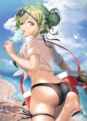  ass back bad_id bad_pixiv_id beach bikini black_bikini blue_sky breasts brown_eyes collared_shirt commentary_request cooler day eyewear_on_head female flip-flops food girls&#039;_frontline green_hair hair_bun hair_ribbon highres holding holding_food kagami_(haret46) large_breasts looking_at_viewer looking_to_the_side magal_(girls&#039;_frontline) ocean outdoors popsicle ribbon sandals see-through see-through_shirt shirt signature single_hair_bun sky solo sunglasses swimsuit tied_shirt walking watermark white_shirt 