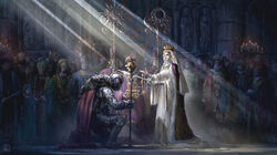  armor candle cape church commentary crowd crown fantasy fur_trim helmet highres holding indoors knight knighting kosian light_rays on_one_knee original plate_armor queen sunbeam sunlight sword weapon wide_sleeves 