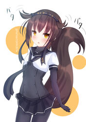  :o blush bodysuit brown_eyes brown_hair corset female hachimaki hair_flaps hatsuzuki_(kancolle) headband highres kantai_collection kemonomimi_mode nakatsurugi_(kasegawa_makase) neckerchief one-hour_drawing_challenge open_mouth puffy_short_sleeves puffy_sleeves short_ponytail short_sleeves sidelocks skirt tail 