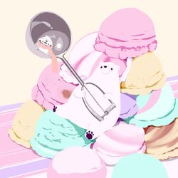  animal bear bird chai_(drawingchisanne) commentary food food_focus holding ice_cream ice_cream_scoop knit_hat looking_at_viewer on_food original penguin polar_bear scarf shirokuma-san_(drawingchisanne) signature sitting sitting_on_food too_many too_many_scoops undersized_animal 