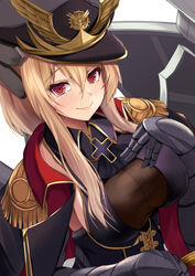  armor bad_id bad_pixiv_id blonde_hair blue_oath blush breasts cape cloak closed_mouth collared_shirt cross cross_necklace dutch_angle epaulettes female gauntlets gold_trim hair_between_eyes hand_on_breast hand_on_own_chest hat highres jewelry kanzaki_kureha large_breasts long_hair looking_at_viewer military military_hat military_uniform necklace peaked_cap prinz_eugen_(blue_oath) red_eyes shirt sideboob sidelocks simple_background smile solo uniform upper_body 