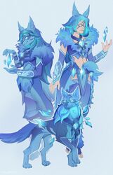  accessory ansart anthro armor belt blue_body blue_fur blue_hair canid canine canis clothing coat crystal crystal_maiden_wolf_persona dota female feral fur group hair hi_res human ice jewelry long_hair mammal necklace robe rylai_the_crystal_maiden topwear transformation trio wolf 