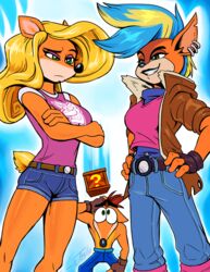  activision anthro bandicoot blonde_hair clothing crash_(series) crash_bandicoot crate eye_contact female group hair hi_res looking_at_another male mammal marsupial mohawk pirate_tawna smile square_crossover tawna_bandicoot thewill undercut 