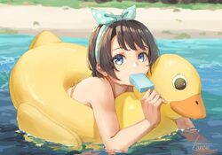  bikini blue_eyes bow brown_hair duck_innertube eyebrows_hidden_by_hair female food hairbow holding holding_food hololive in_mouth innertube kanoe_(tatsukanoe) leaning_forward ocean official_alternate_hairstyle oozora_subaru oozora_subaru_(hololive_summer_2019) orange_bikini polka_dot polka_dot_bow popsicle shore short_hair solo swept_bangs swim_ring swimsuit virtual_youtuber water 