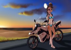  5_fingers anthro beach biker_girl biker_jacket bikini bikini_bottom bikini_top biped blue_eyes bottomwear bra braided_hair breasts brown_hair chipmunk clothed clothing female fingers foxyverse front_view fur glowing ground_squirrel hair hi_res jacket long_hair looking_at_viewer mammal mancoin motorcycle nature navel open_mouth outside panties road rodent samantha_silverin sand sciurid seaside signature skimpy sky smile solo sunset swimwear topwear underwear vehicle water 