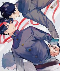  2boys black_hair fingerless_gloves gakuran gloves grey_background grey_eyes gyakuten_saiban headband highres katana kazuma_asogi long_sleeves male_focus multiple_boys musical_note open_mouth parted_lips red_headband ryunosuke_naruhodo school_uniform simple_background single_glove siomeronpan17 sword the_great_ace_attorney weapon 