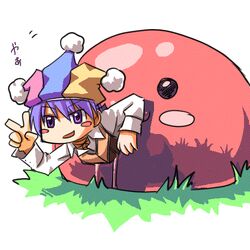  1boy bangs blue_headwear blush_stickers brown_vest clown_(ragnarok_online) collared_shirt commentary_request dithering eyebrows_visible_through_hair full_body grass hair_between_eyes hat jester_cap long_sleeves lowres mastering multicolored_clothes multicolored_headwear oekaki open_mouth pink_headwear purple_eyes purple_hair ragnarok_online sakakura_(sariri) shirt short_hair slime_(creature) smile v v-shaped_eyebrows vest white_shirt yellow_headwear 