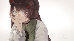  :3 animal_ears bespectacled black_choker braid brown_hair choker dog_ears dog_girl eyebrows_hidden_by_hair female flower glasses green_eyes grey_sweater hair_flower hair_ornament hand_on_own_face heterochromia highres inui_toko kanoe_(tatsukanoe) leaning_forward long_hair nijisanji official_alternate_costume official_alternate_hairstyle purple_eyes red_eyes round_eyewear signature smile solo sweater twin_braids upper_body virtual_youtuber white_background yellow_eyes 