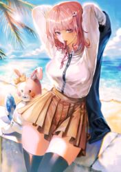  absurdres beach breasts brown_skirt danganronpa female flipped_hair highres hood hoodie lens_flare looking_at_viewer monomi_(danganronpa) mouth_hold mucuzi nanami_chiaki outdoors palm_tree pink_eyes pink_hair pleated_skirt skirt super_danganronpa_2 thighhighs tree water 