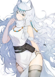  animal_ears arknights arm_behind_back bare_arms bare_shoulders bead_necklace beads belt black_belt braid breasts cowboy_shot daichengqi dress female grey_eyes grey_thighhighs hand_up head_chain head_tilt highres jewelry leopard_ears long_hair looking_at_viewer medium_breasts necklace no_tail pouch pramanix_(arknights) simple_background sleeveless sleeveless_dress solo standing thighhighs thighs turtleneck turtleneck_dress very_long_hair white_background white_dress white_hair 